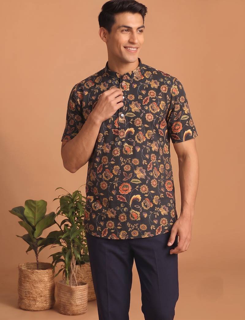 Multicolor printed cotton blend half sleeves short kurta for men