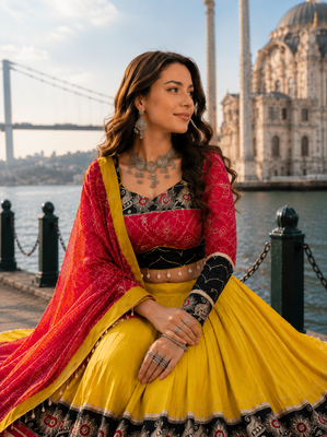 Mustard Rayon Cotton Navratri Lehenga Choli with Embroidered Dupatta 2