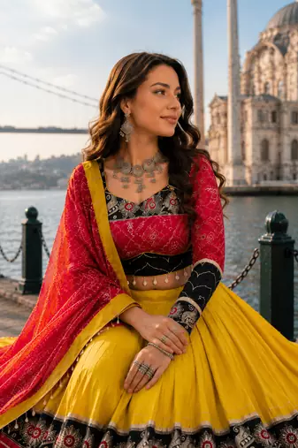Mustard Rayon Cotton Navratri Lehenga Choli with Embroidered Dupatta
