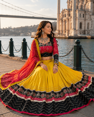 Mustard Rayon Cotton Navratri Lehenga Choli with Embroidered Dupatta 3