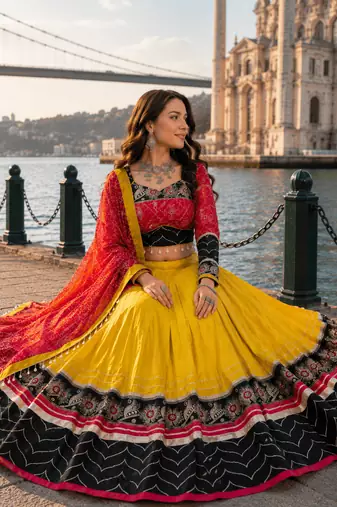 Mustard Rayon Cotton Navratri Lehenga Choli with Embroidered Dupatta