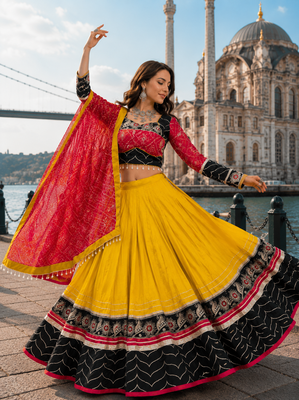 Mustard Rayon Cotton Navratri Lehenga Choli with Embroidered Dupatta 4