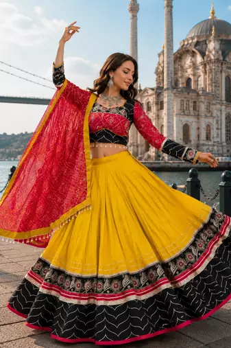Mustard Rayon Cotton Navratri Lehenga Choli with Embroidered Dupatta
