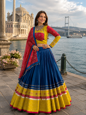 Navy Blue Rayon Cotton Navratri Lehenga Choli with Embroidered Dupatta 1