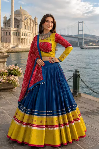 Navy Blue Rayon Cotton Navratri Lehenga Choli with Embroidered Dupatta
