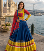 Navy Blue Rayon Cotton Navratri Lehenga Choli with Embroidered Dupatta