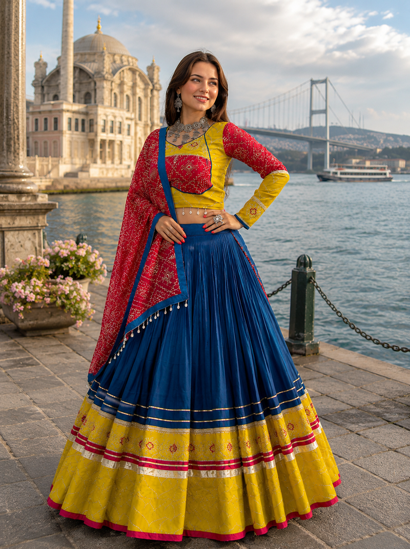 Navy Blue Rayon Cotton Navratri Lehenga Choli with Embroidered Dupatta