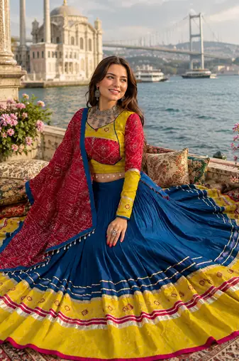 Navy Blue Rayon Cotton Navratri Lehenga Choli with Embroidered Dupatta