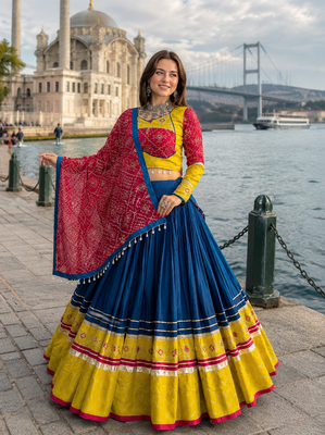 Navy Blue Rayon Cotton Navratri Lehenga Choli with Embroidered Dupatta 3