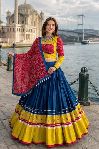 Navy Blue Rayon Cotton Navratri Lehenga Choli with Embroidered Dupatta
