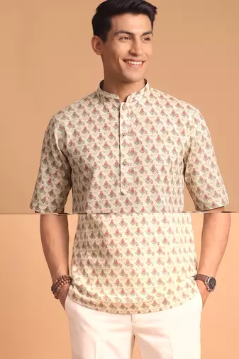 Multicolor printed cotton blend half sleeves short kurta for men
