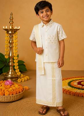 Off white cotton silk mundu shirt set 1