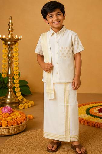 Off white cotton silk mundu shirt set