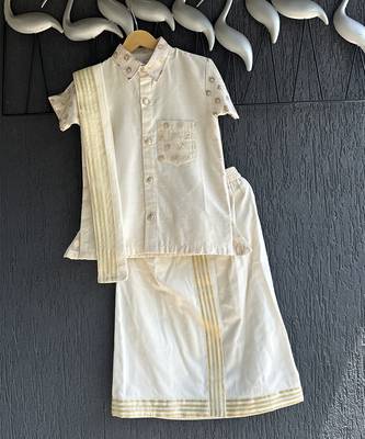 Off white cotton silk mundu shirt set 3