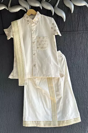 Off white cotton silk mundu shirt set