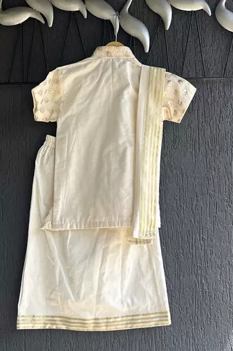 Off white cotton silk mundu shirt set