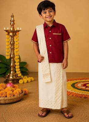 Maroon cotton silk mundu shirt set 1