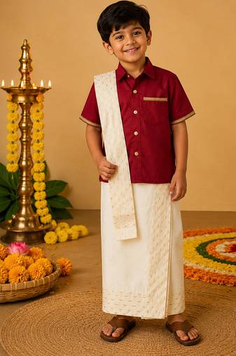 Maroon cotton silk mundu shirt set