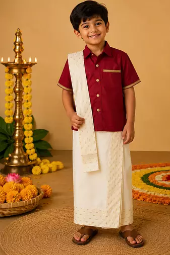 Maroon cotton silk mundu shirt set