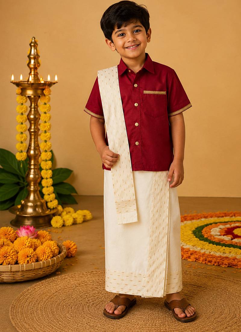 Maroon cotton silk mundu shirt set