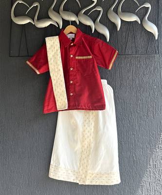 Maroon cotton silk mundu shirt set 2