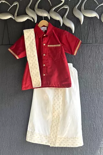Maroon cotton silk mundu shirt set