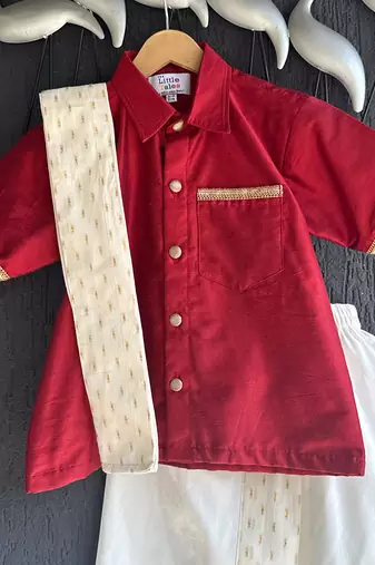 Maroon cotton silk mundu shirt set