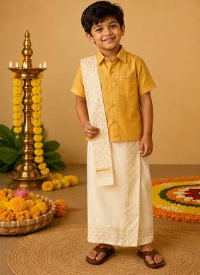 Mustard yellow cotton silk mundu shirt set 1