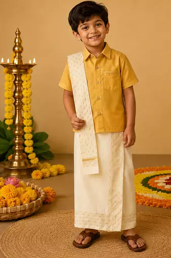 Mustard yellow cotton silk mundu shirt set
