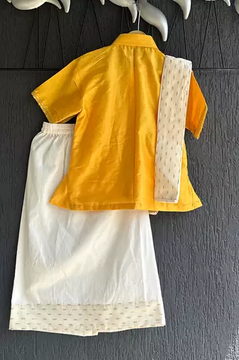 Mustard yellow cotton silk mundu shirt set