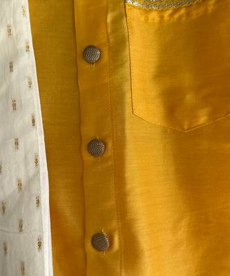 Mustard yellow cotton silk mundu shirt set 3