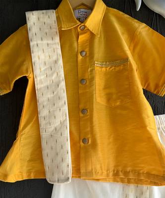 Mustard yellow cotton silk mundu shirt set 4
