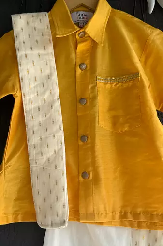 Mustard yellow cotton silk mundu shirt set