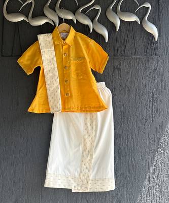 Mustard yellow cotton silk mundu shirt set 5