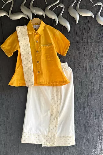 Mustard yellow cotton silk mundu shirt set