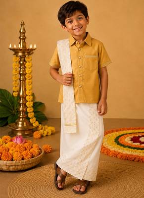 Beige cotton silk mundu shirt set 1