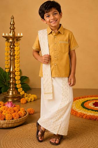Beige cotton silk mundu shirt set