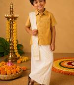 Beige cotton silk mundu shirt set