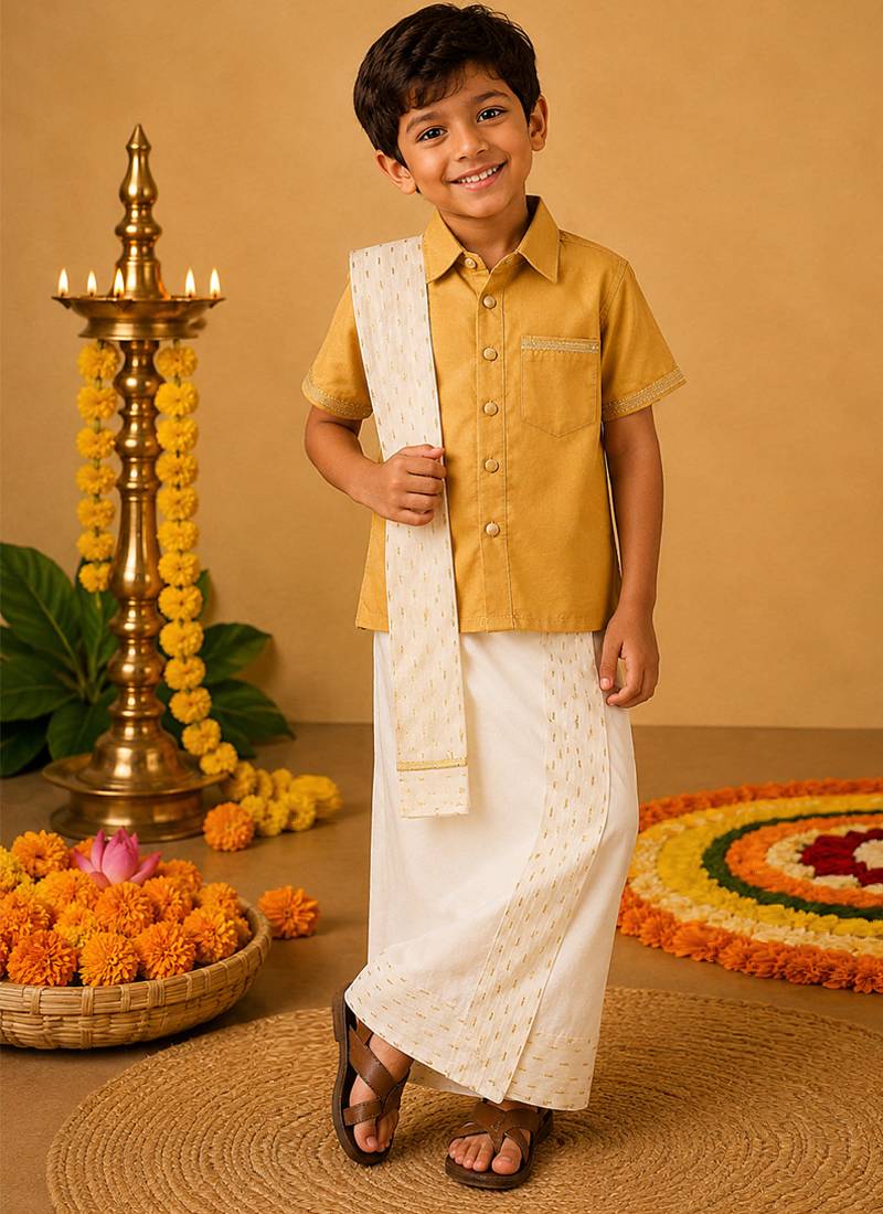 Beige cotton silk mundu shirt set