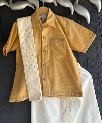 Beige cotton silk mundu shirt set 3