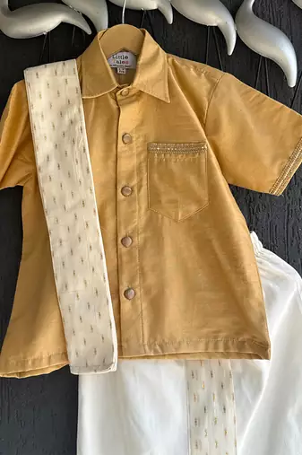 Beige cotton silk mundu shirt set