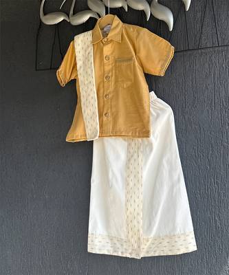 Beige cotton silk mundu shirt set 4