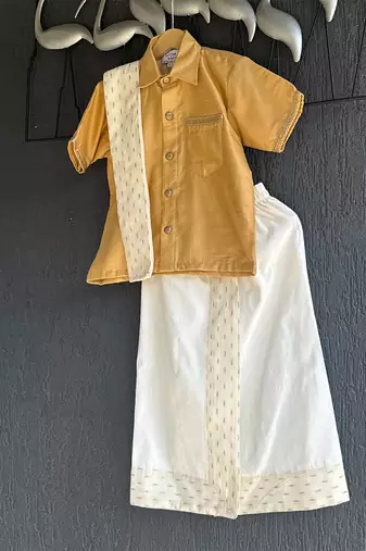 Beige cotton silk mundu shirt set