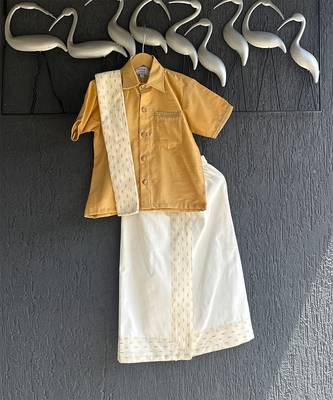 Beige cotton silk mundu shirt set 5