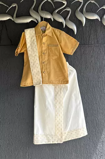 Beige cotton silk mundu shirt set