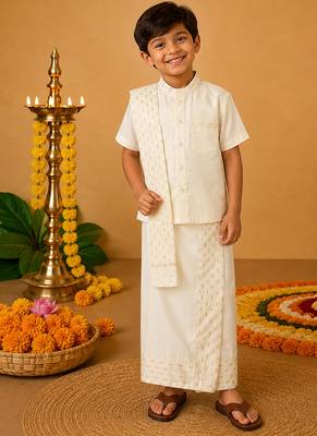 Off white cotton silk mundu nehru collar shirt set 1