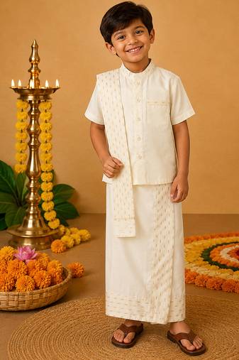 Off white cotton silk mundu nehru collar shirt set
