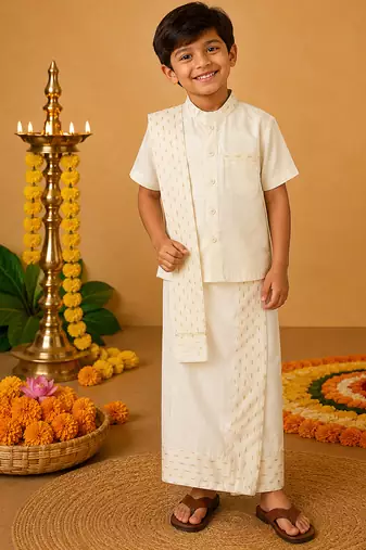 Off white cotton silk mundu nehru collar shirt set