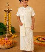 Off white cotton silk mundu nehru collar shirt set