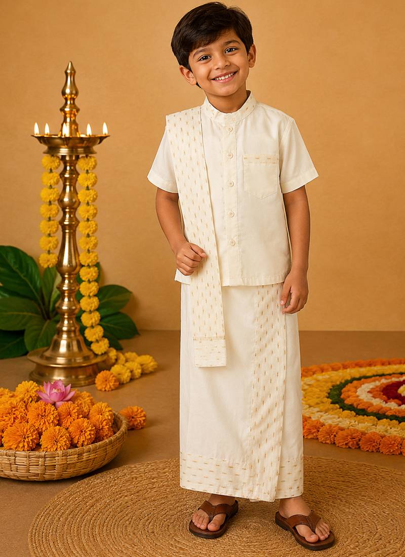Off white cotton silk mundu nehru collar shirt set